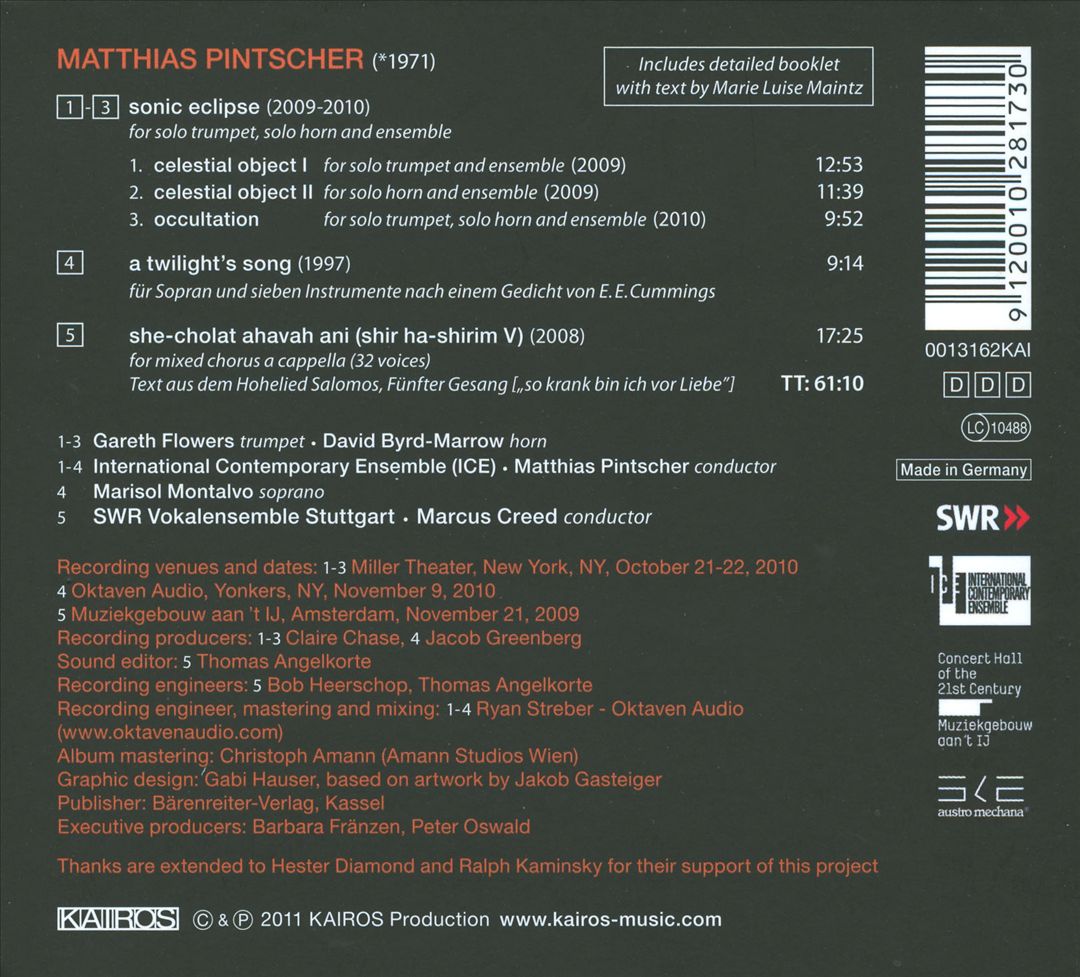 Matthias Pintscher: Sonic Eclipse; A Twilight's Song; She-Cholat ahavah ani cover art