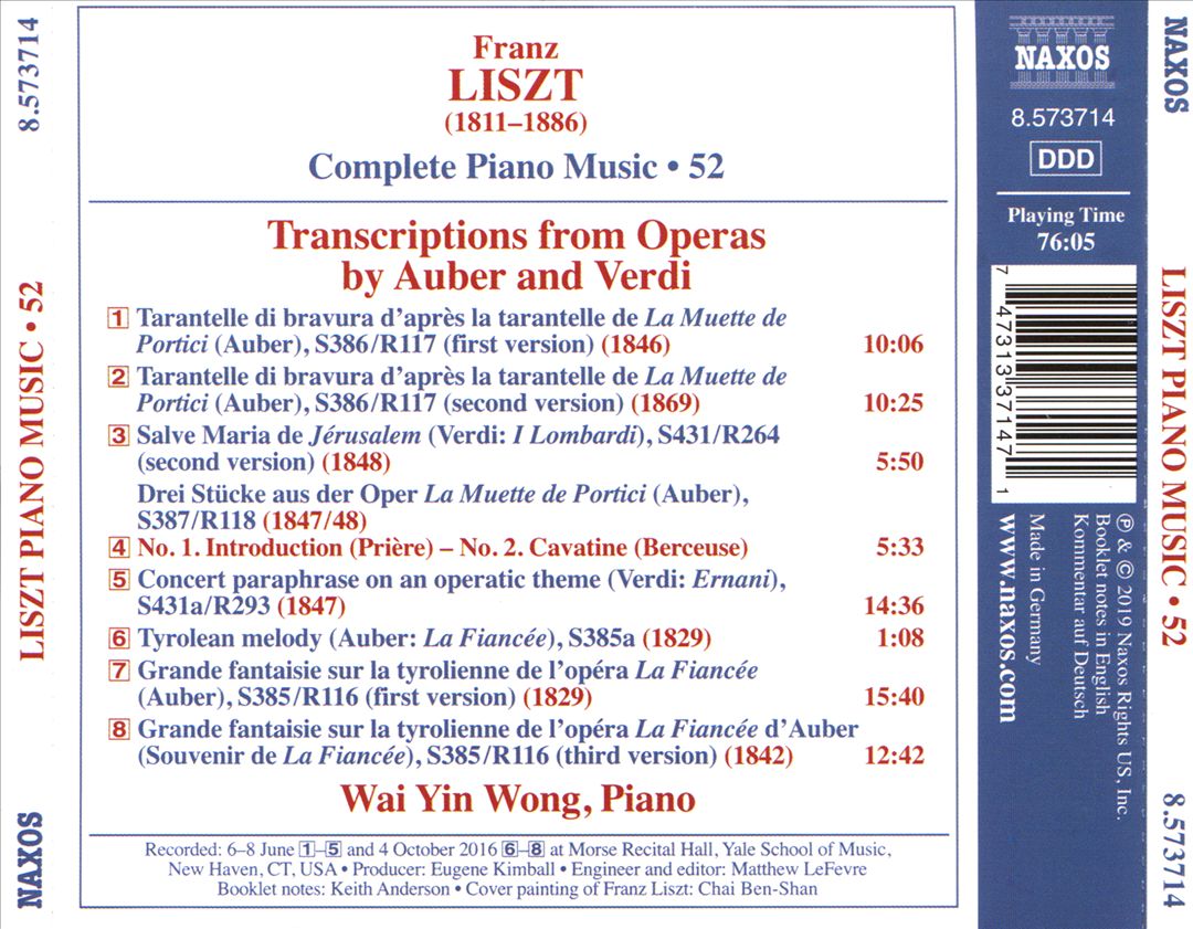 Franz Liszt: Complete Piano Music, Vol. 52 - Transcriptions from Operas by Auber and Verdi cover art