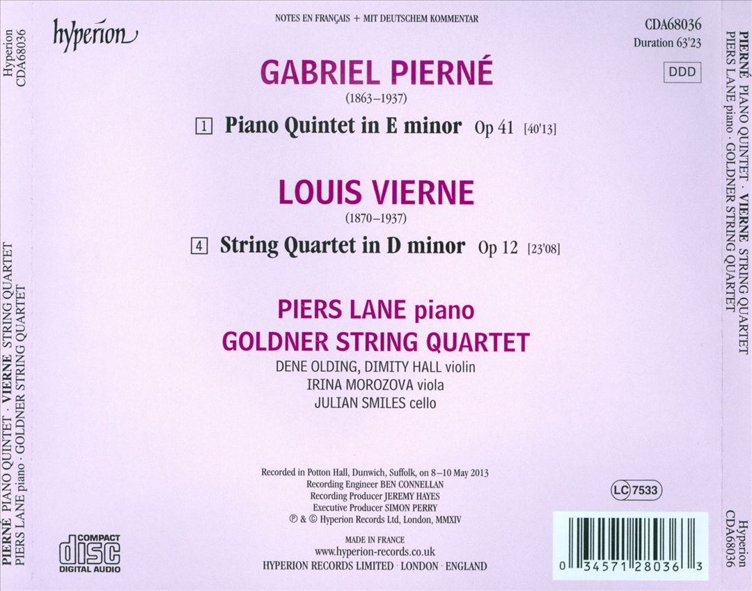 Pierné: Piano Quintet; Vierne: String Quartet cover art