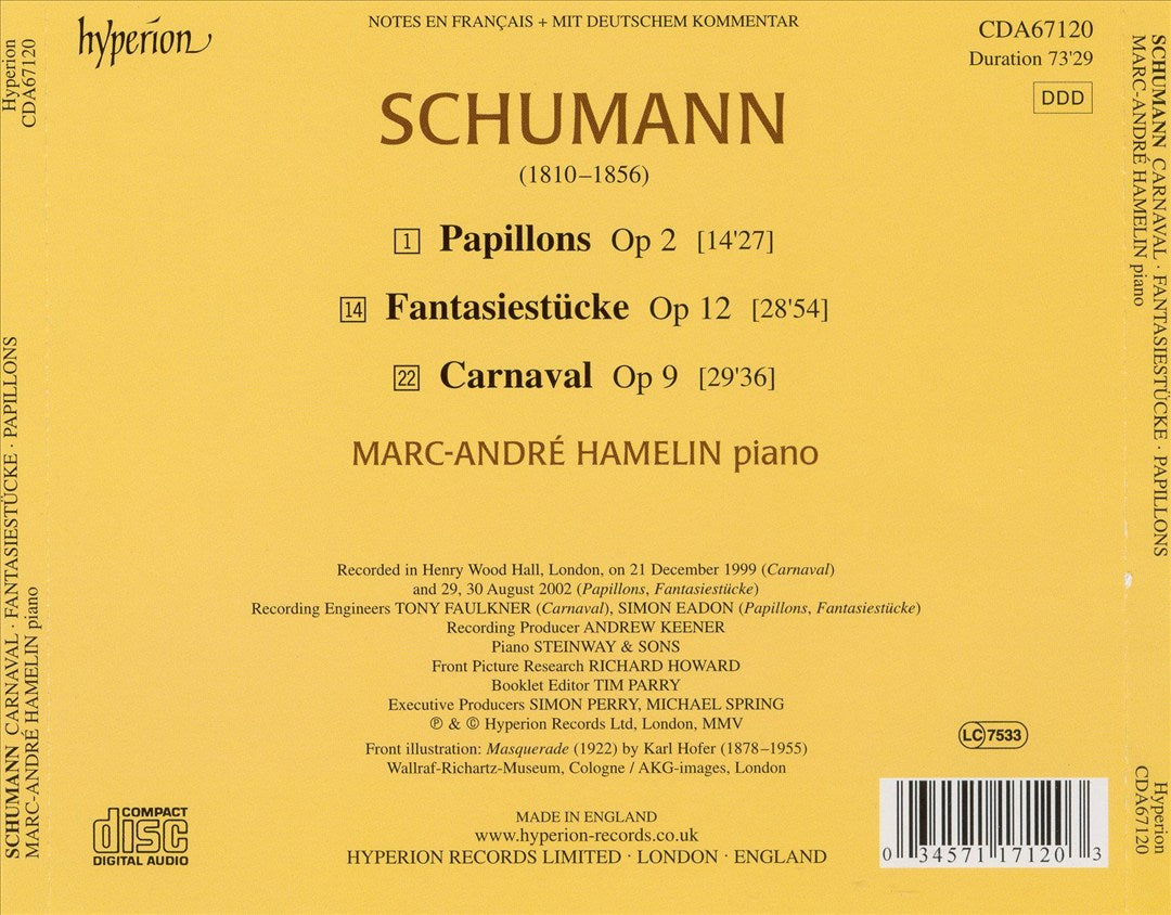 Schumann: Carnaval; Fantasiestücke; Papillons cover art