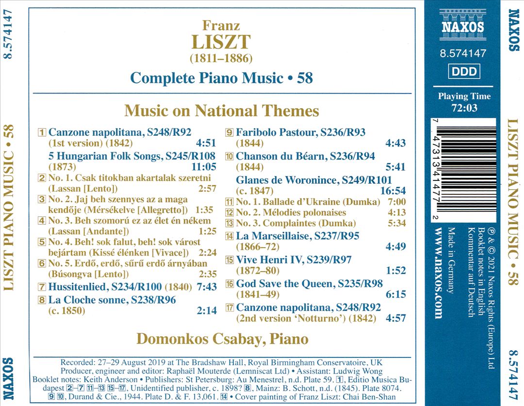 Franz Liszt: Complete Piano Music, Vol. 58 - Music on National Themes cover art