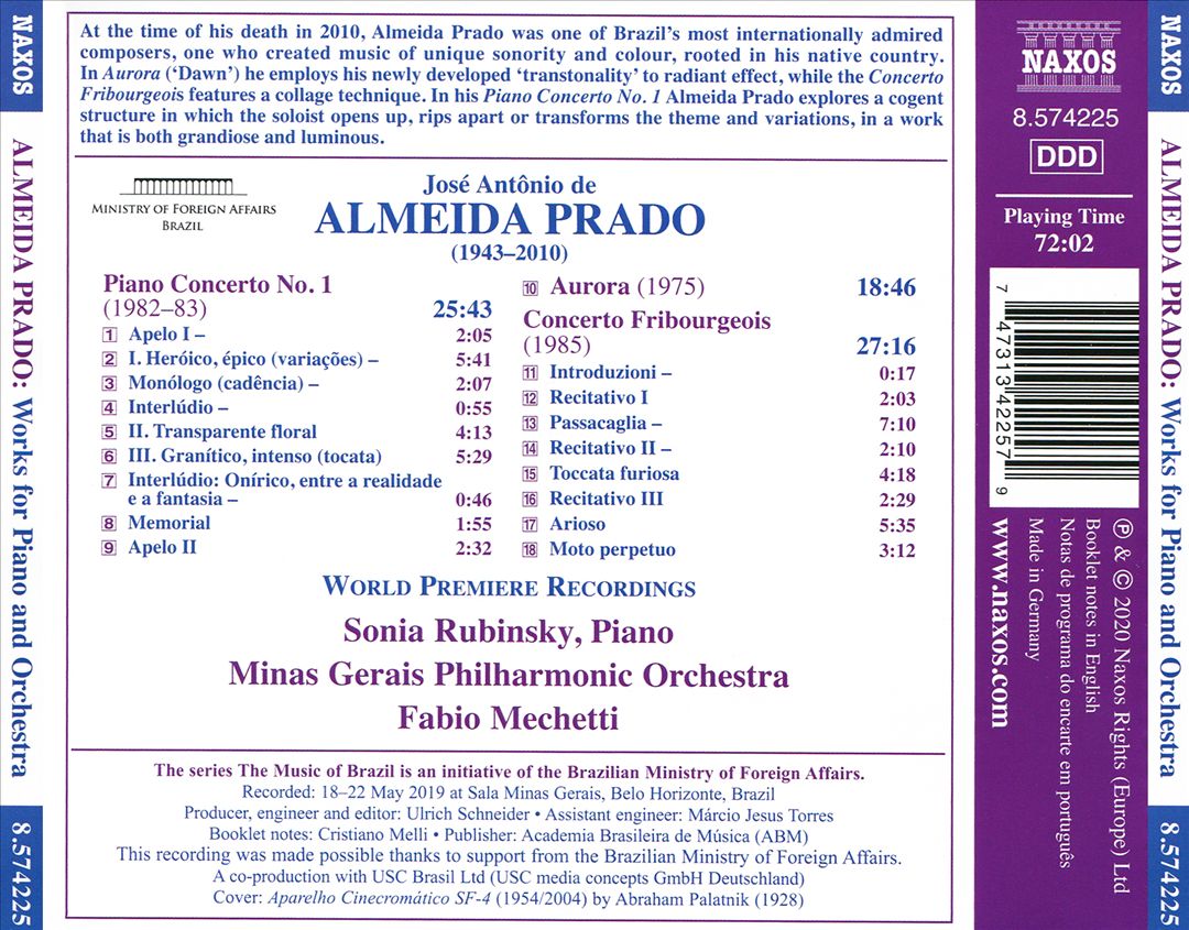 José Antôntio de Almeid Prado: Piano Concerto No. 1; Aurora; Concerto Fribougeois cover art