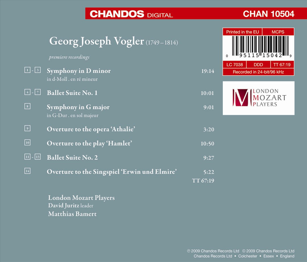 Georg Joseph Vogler: Symphonies; Overtures; Ballets cover art