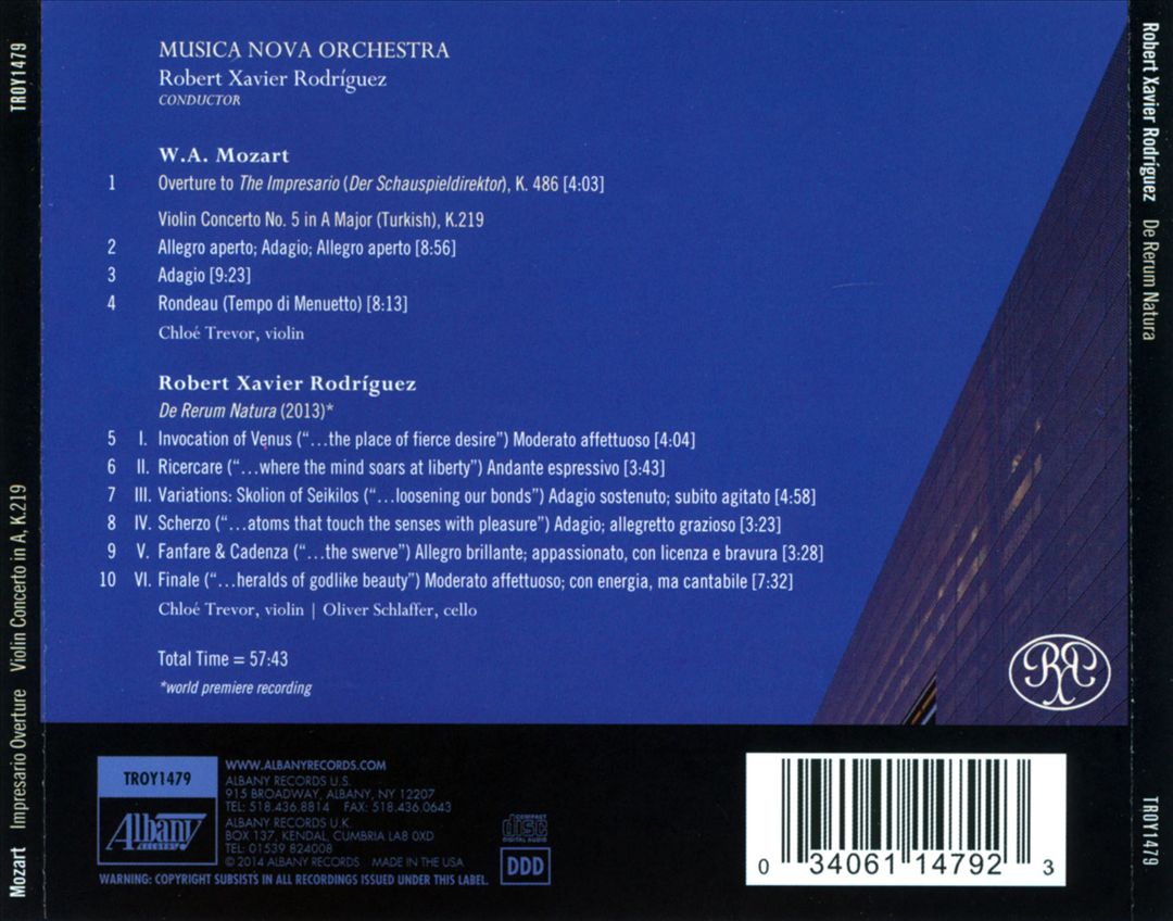 Mozart: The Impressario Overture, K. 486; Violin Concerto in A, K. 219; Robert Xavier Rodríguez: De Rerum Natura cover art