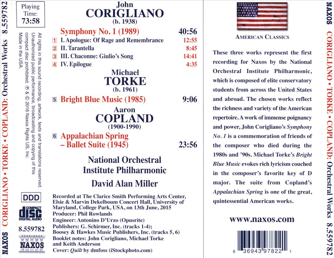 Corigliano: Symphony No. 1; Torke: Bright Blue Music; Copland: Appalachian Spring cover art