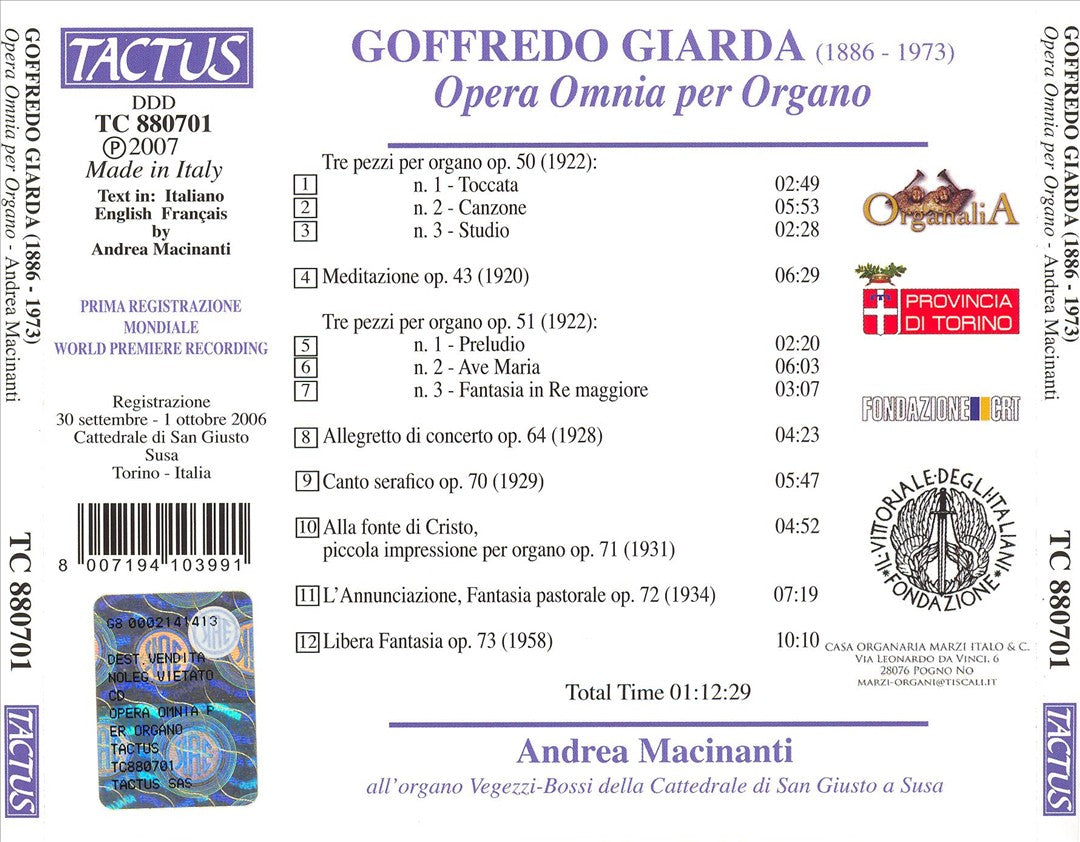 Goffredo Giarda: Opera Omnia per Organo cover art