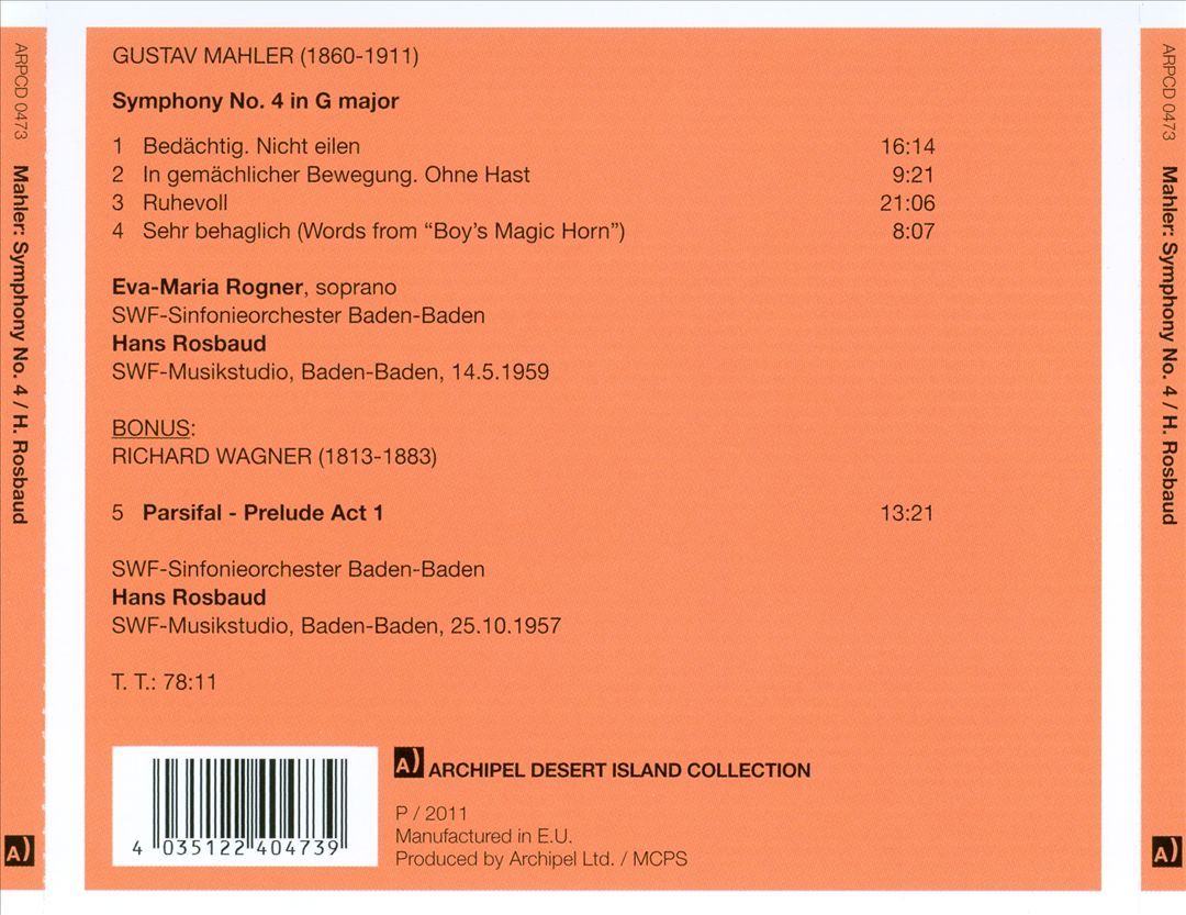 Mahler: Symphony No. 4; Wagner: Parsifal - Prelude to Act 1 cover art