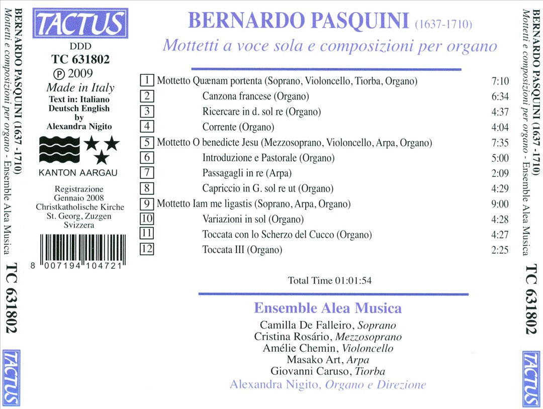 Bernardo Pasquini: Mottetti a voce sola e composizioni per organo cover art