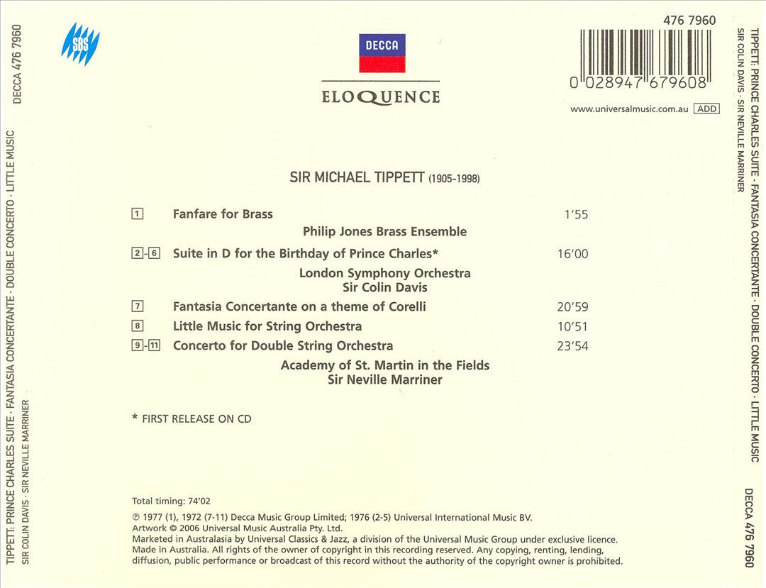 Tippett: Fanfare for Brass; Suite for the Birthday of Prince Charles; Fantasia Concertante; Little Music for String Orchestra; Concerto for Double String Orchestra cover art
