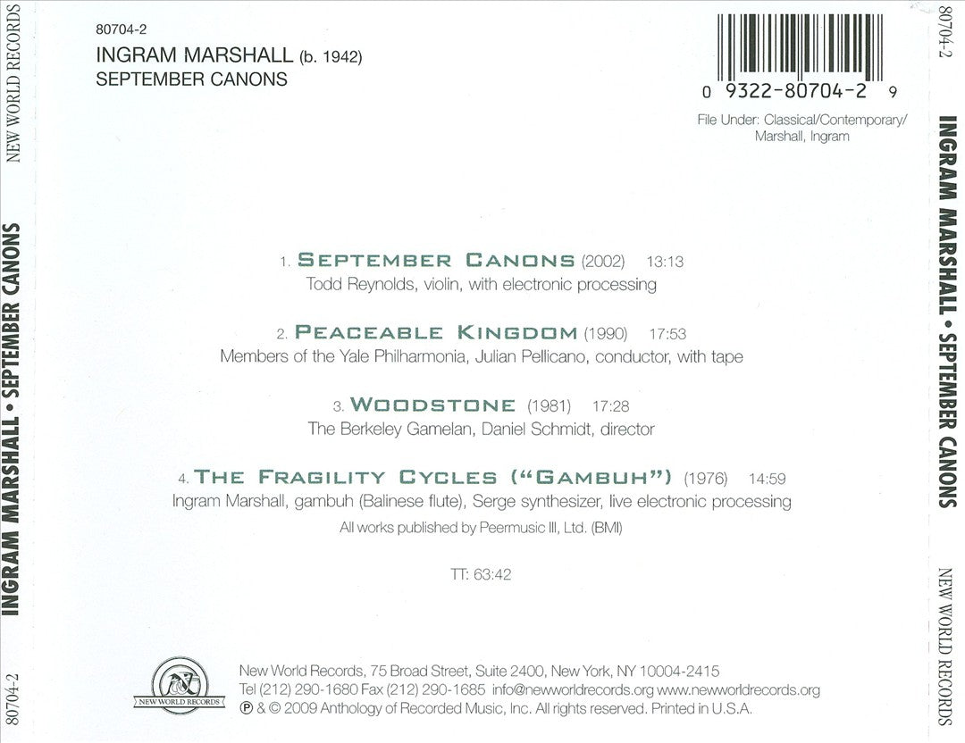 Ingram Marshall: September Canons cover art