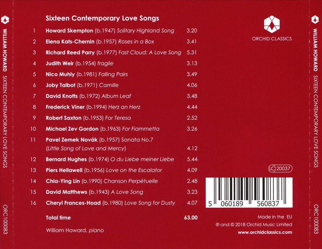 William Howard plays Sixteen Contemporary Love Songs for Piano cover art
