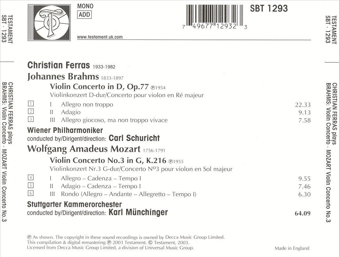 Brahms: Violin Concerto; Mozart: Violin Concerto No. 3 cover art