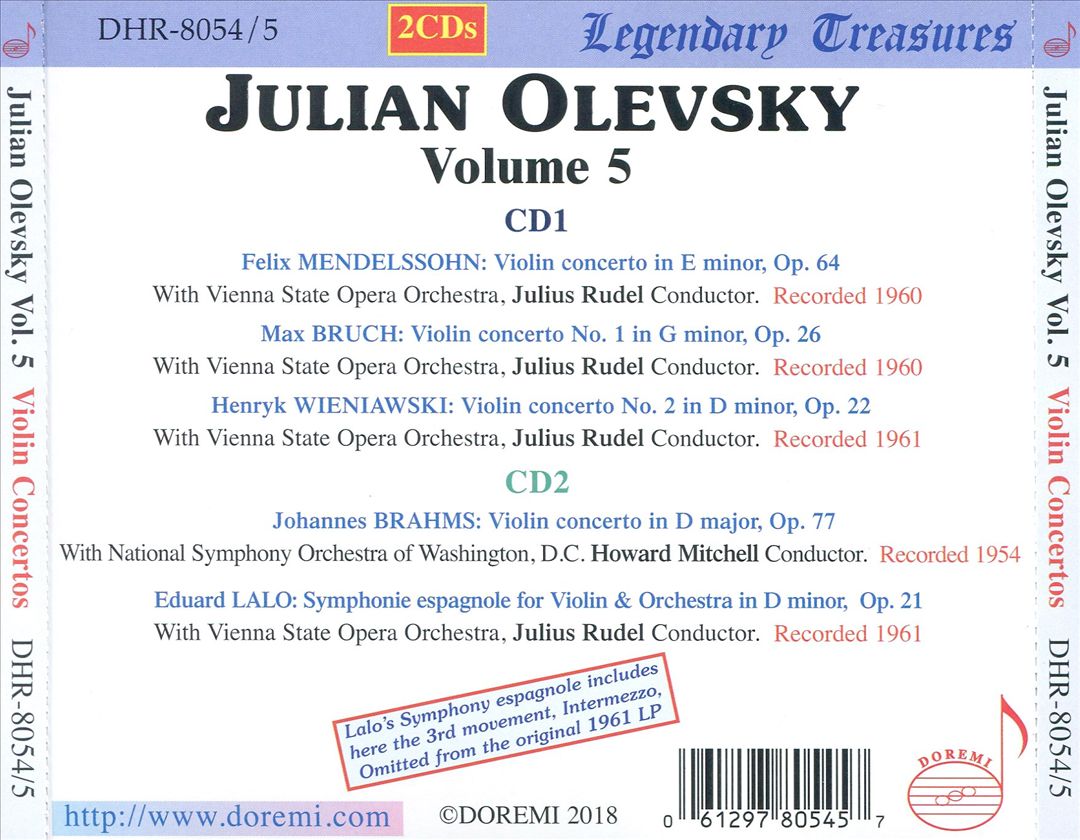 Julian Olevsky, Vol. 5: Violin Concertos - Brahms, Mendelssohn, Bruch, Lalo Wieniawski cover art