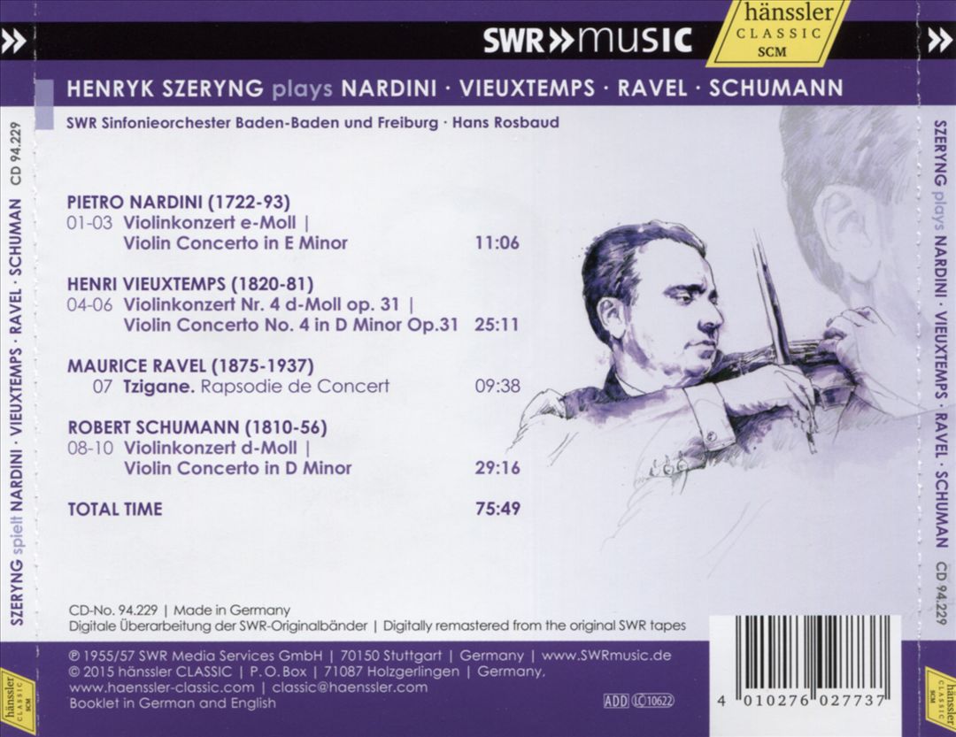 Henryk Szeryng plays Nardini, Vieuxtemps, Ravel, Schumann cover art