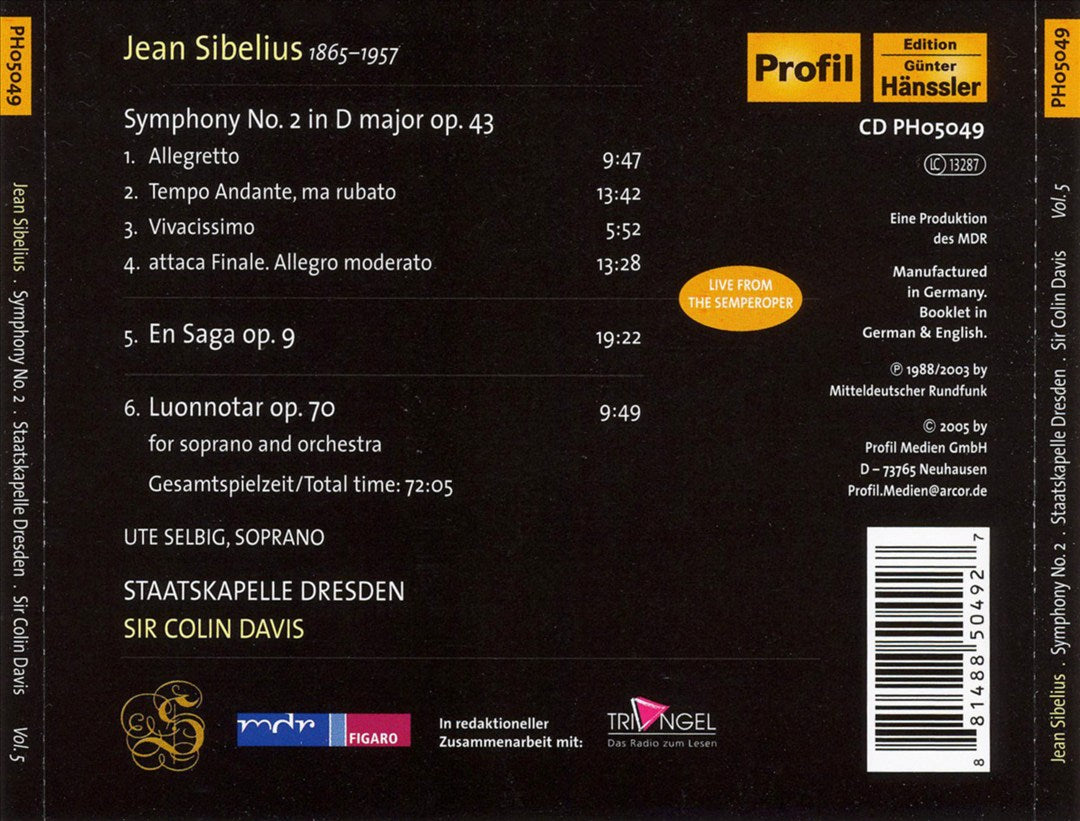 Sibelius: Symphony No. 2; En Saga; Luonnotar cover art