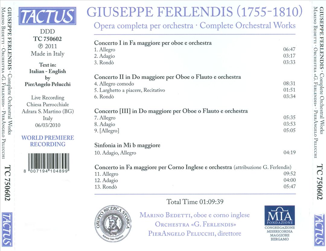 Giuseppe Ferlendis: Complete Orchestral Works cover art