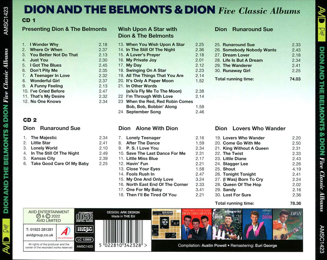 Five Classic Albums: Presenting Dion and the Belmonts/Wish Upon a Star/Runaround Sue/Alone With Dion/Lovers Who Wander cover art