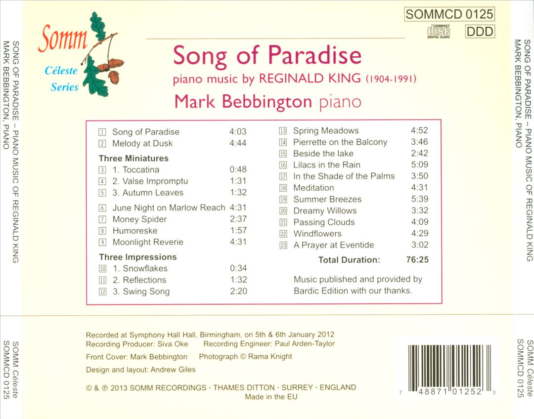 Song of Paradise: Piano Music by Reginald King cover art