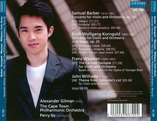 Barber, Korngold: Violin Concertos; Waxman: Carmen Fantasie; Williams: Theme from Shindler's List cover art