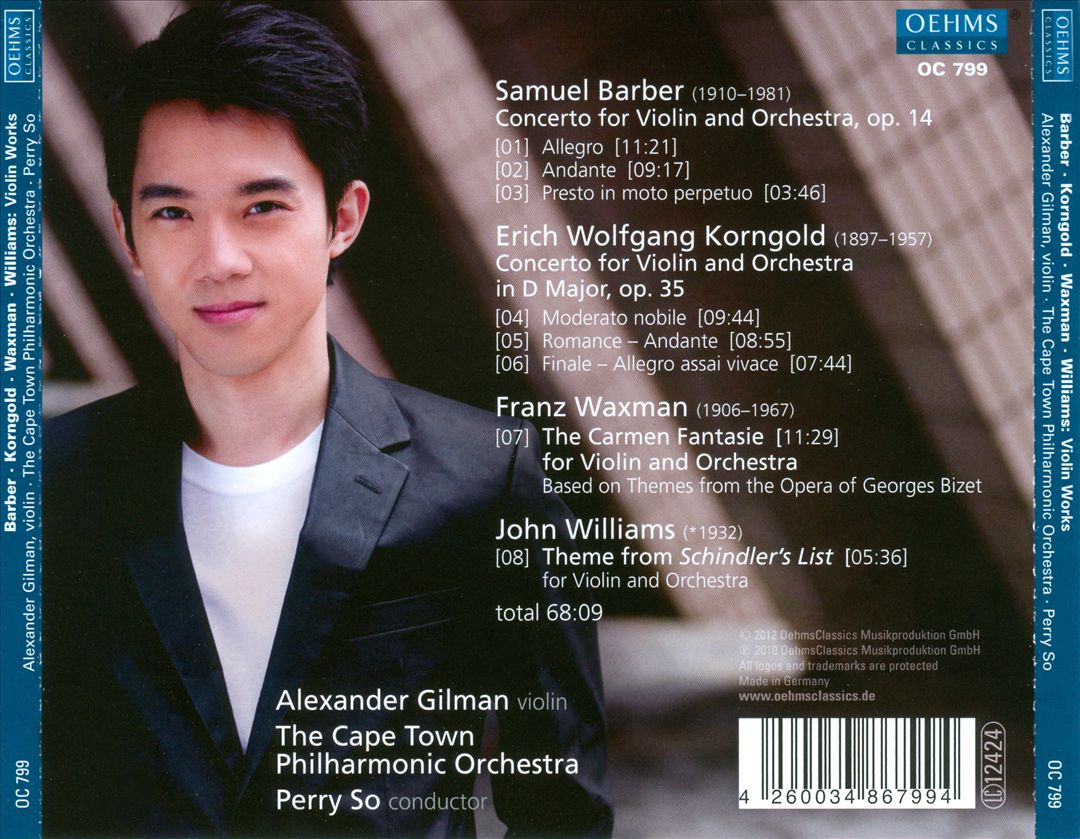 Barber, Korngold: Violin Concertos; Waxman: Carmen Fantasie; Williams: Theme from Shindler's List cover art