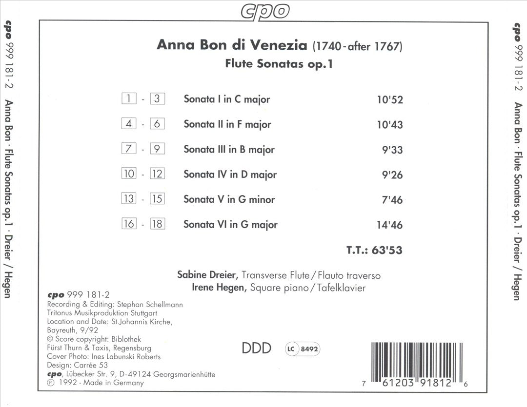 Anna Bon di Venezia: Flute Sonatas, Op. 1 cover art