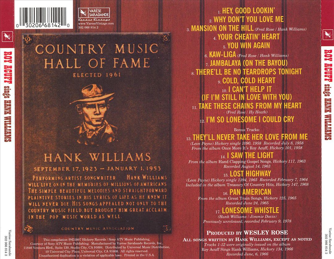 Roy Acuff Sings Hank Williams cover art