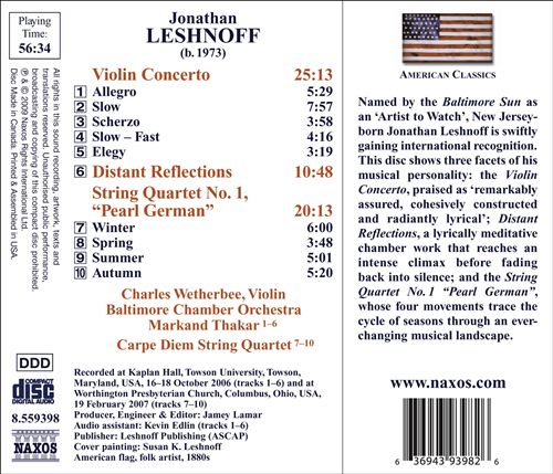 Jonathan Leshnoff: Violin Concerto; String Quartet No. 1 "Pearl German" cover art