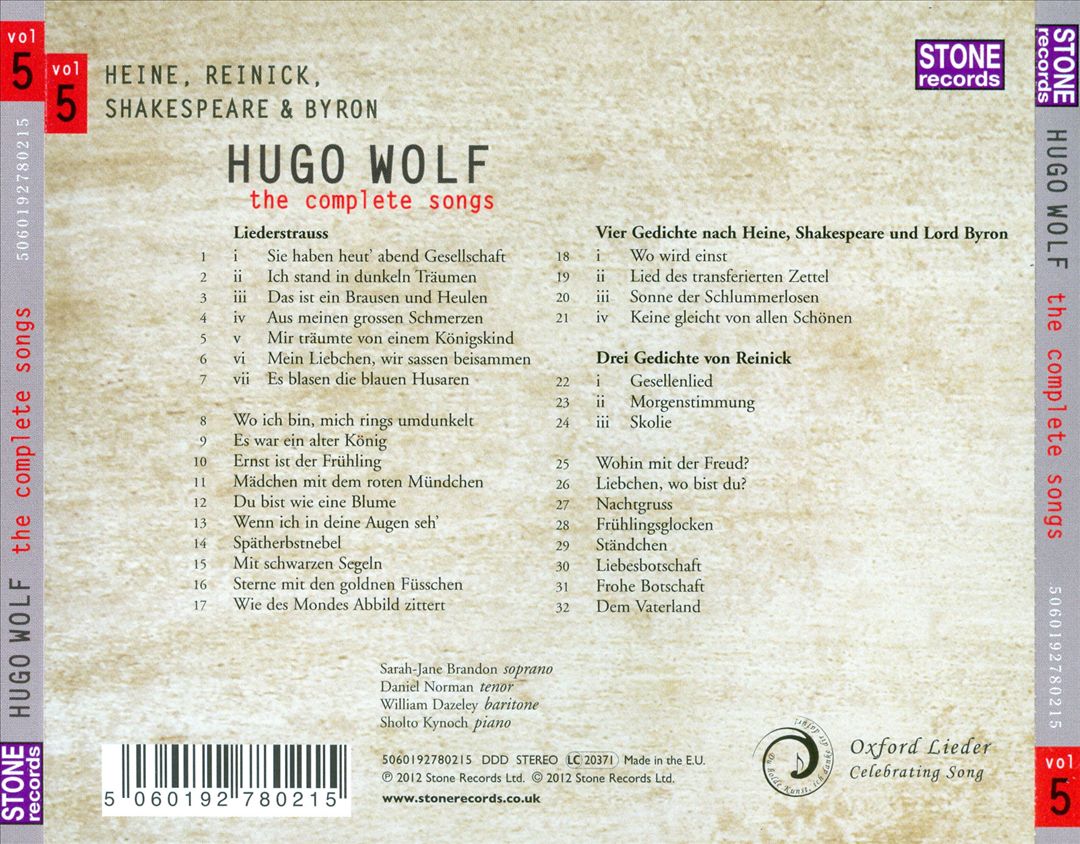 Hugo Wolf: The Complete Songs, Vol. 5 cover art