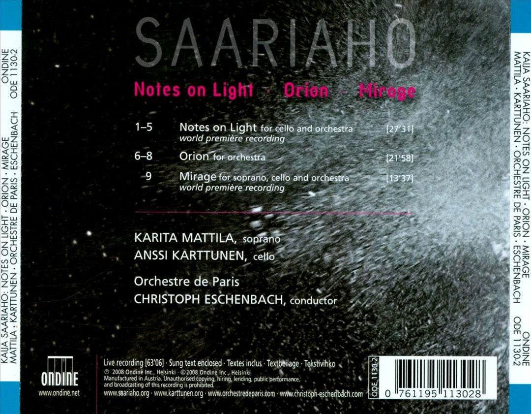 Kaija Saariaho: Notes on Light; Orion; Mirage cover art