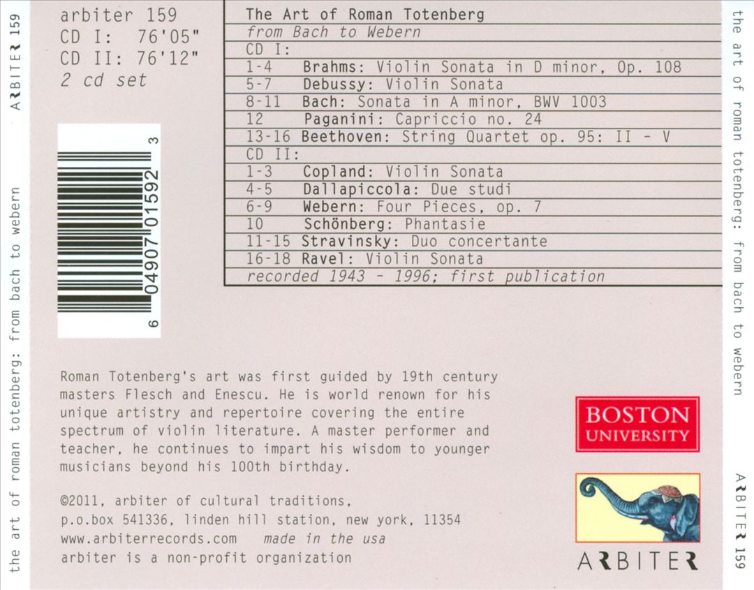 Art of Roman Totenberg: From Bach to Webern - Recodrings from 1943-1996 cover art