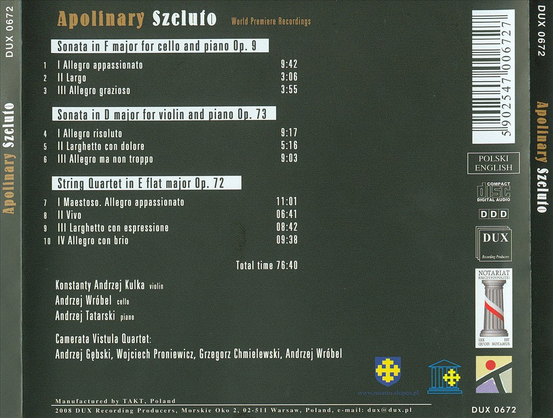 Apolinary Szeluto: Cello Sonata; Violin Sonata; String Quartet cover art