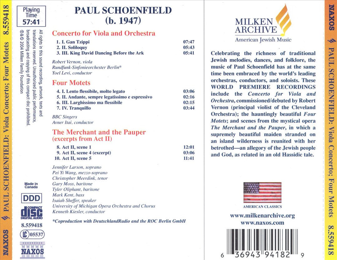 Paul Schoenfield: Concerto for Viola & Orchestra; Four Motets; The Merchant and the Pauper (Excerpts from Act 2) cover art