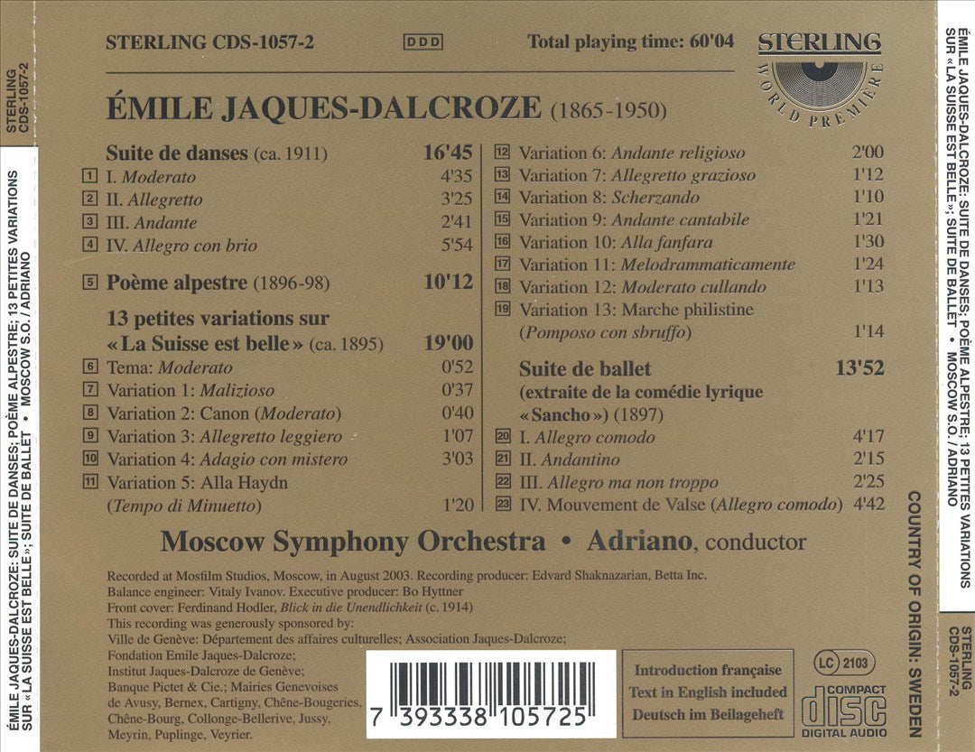 Émile Jaques-Dalcroze: Suite de danses; Poème alpestre; "La Suisse est belle"  Variations; Suite de ballet cover art