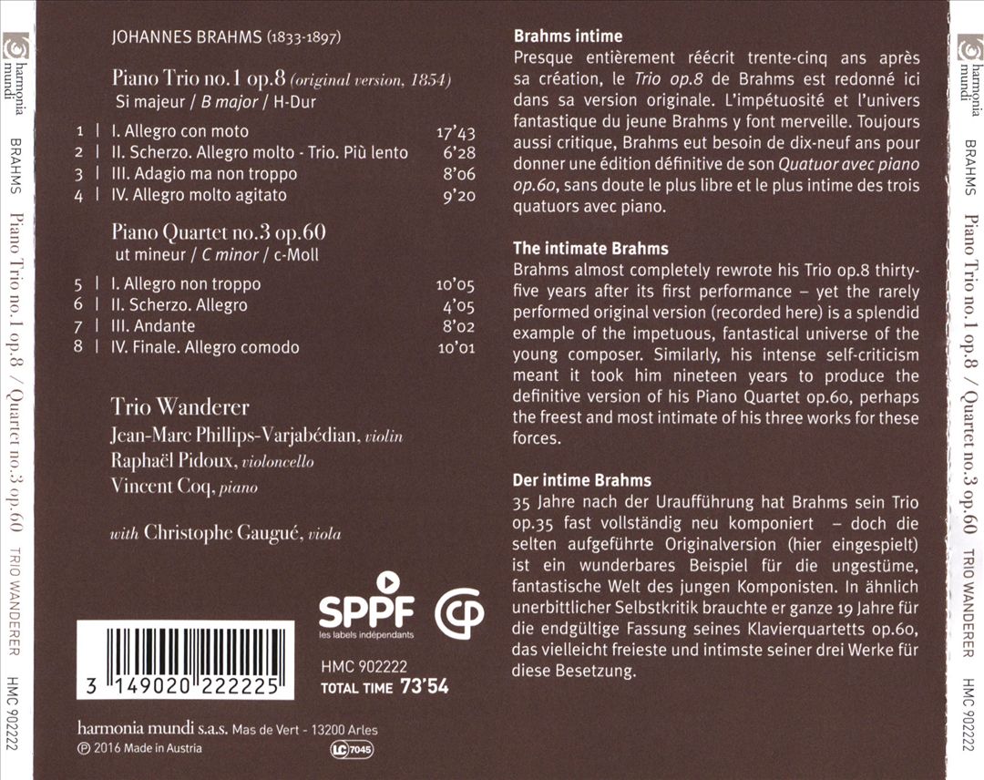 Johannes Brahms: Piano Quartet Op. 60; Piano Trio Op. 8 cover art