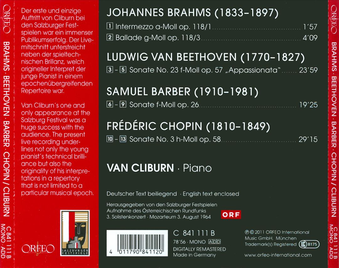Brahms: 2 Klavierstücke Op. 118; Barber: Sonate Op. 26; Chopin: Sonate Op. 58; Beethoven: Sonate Op. 57 Appassionata cover art
