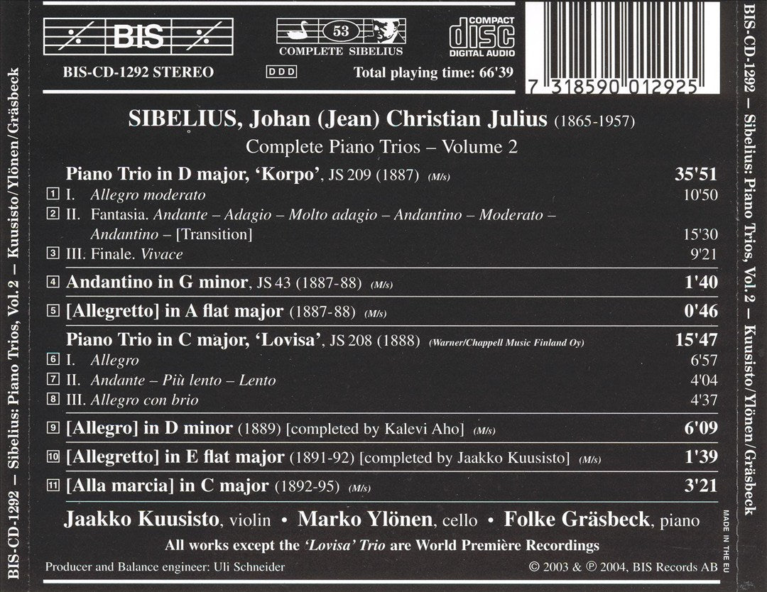 Sibelius: Complete Piano Trios, Vol. 2 cover art