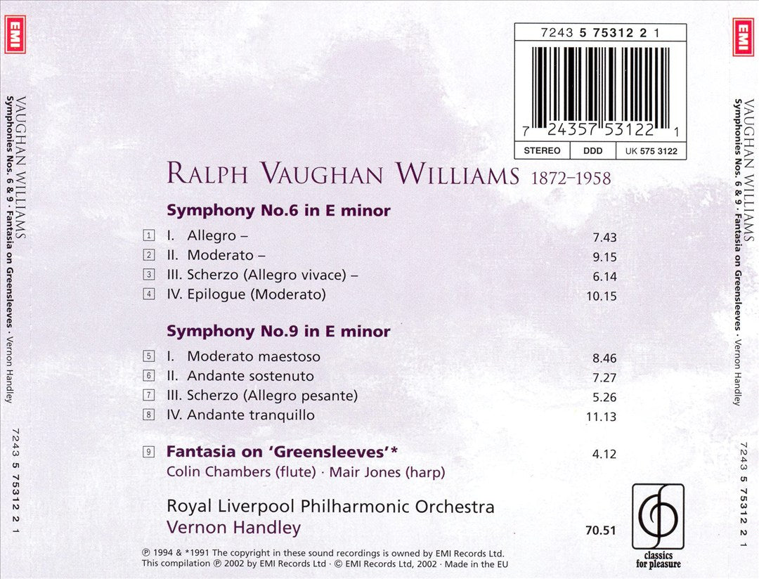 Vaughan Williams: Symphony No. 6 in E minor; Symphony No. 9 in E minor; Fantasia for Greensleeves cover art
