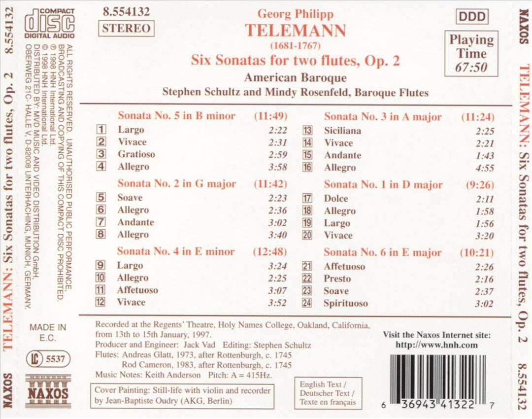 Telemann: Six Sonatas for Two Flutes, Op. 2 cover art