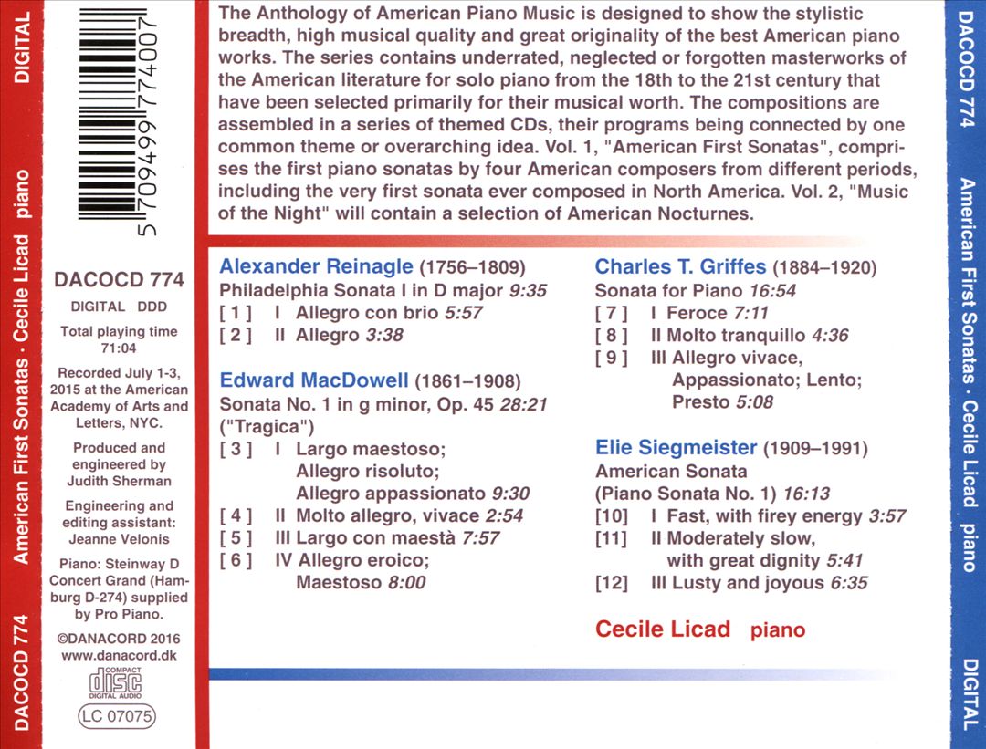 Anthology of American Piano Music, Vol. 1: American First Sonatas - Reinagle, MacDowell, Griffes, Siegmeister cover art