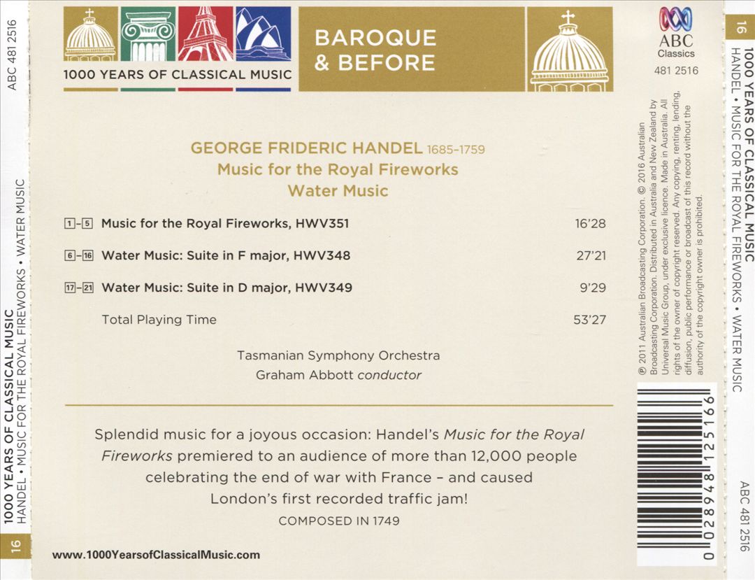 1000 Years of Classical Music, Vol. 16: Baroque & Before - Handel: Music for the Royal Fireworks; Water Music cover art