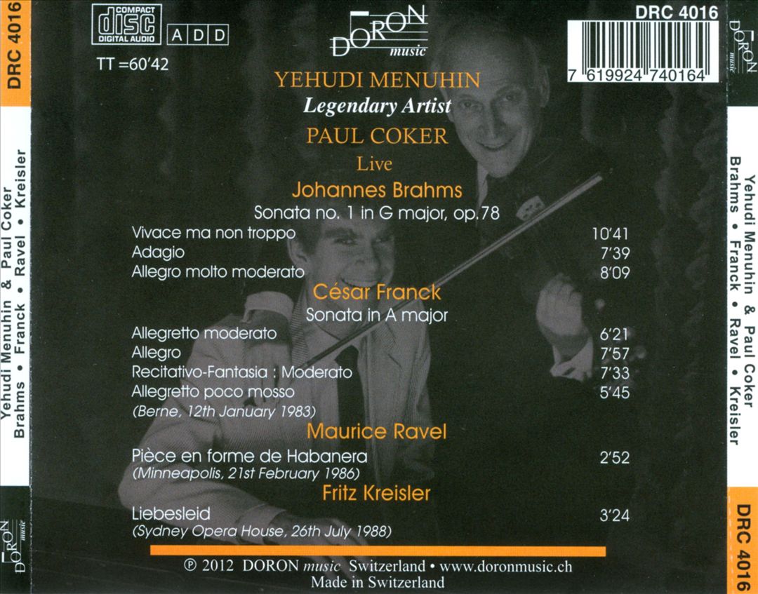 Brahms: Sonata in G major; Franck: Sonata in A major; Ravel: Pièce en forme de Habanera; Kreisler: Liebesleid cover art