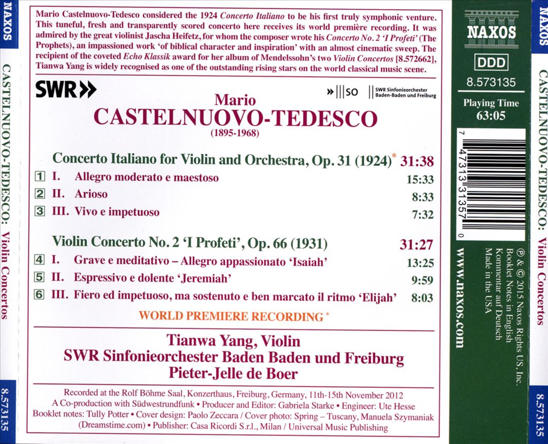 Castelnuovo-Tedesco: Violin Concerto No. 2 'The Prophets'; Concerto Italiano cover art