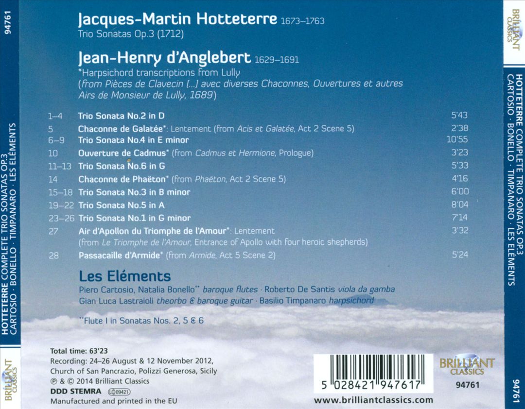 Hotteterre: Complete Trio Sonatas Op. 3; D'Anglebert: Harpsichord Transcriptions from Lully cover art