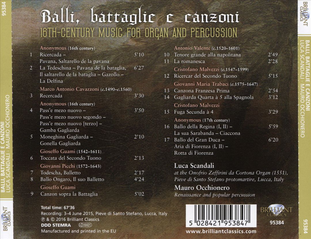 Balli, battaglie e canzoni: 16th Century music for organ and percussion cover art