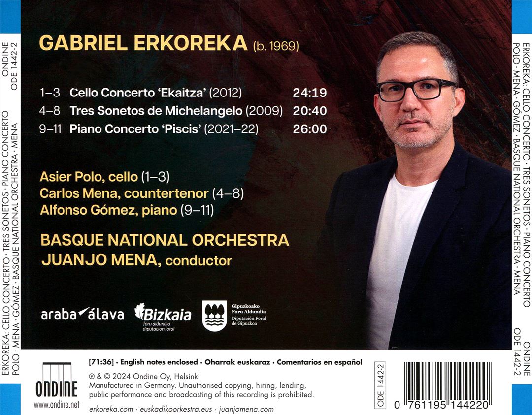 Gabriel Erkoreka: Cello Concerto 'Ekaitza'; Tres Sonetos de Michelangelo; Piano Concerto 'Piscis' cover art