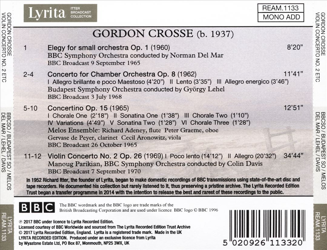Gordon Crosse: Elegy for Small Orchestra Op. 1; Concerto for Chamber Orchestra Op. 8; Concertino Op. 15; Violin Concerto No. 2 Op. 26 cover art