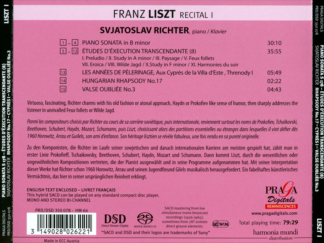 Liszt: Piano Sonata; 8 Études d'execution trancedante; Aux Cyprès de la Villa d'Este; Threnody 1; Hungarian Rhapsody No. 17; Valse Oublée No. 3 cover art