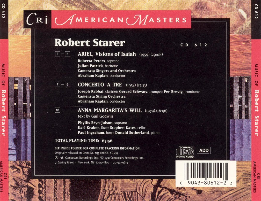 Robert Starer: Anna Margarita's Will; Ariel, Visions of Isaiah; Concerto a Tre cover art