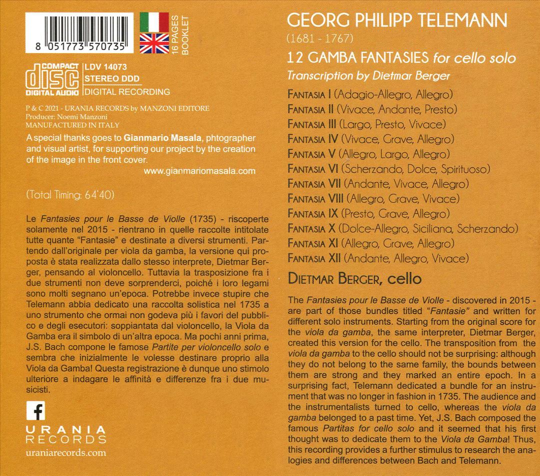 Georg Philipp Telemann: 12 Gamba Fantasies for Cello cover art