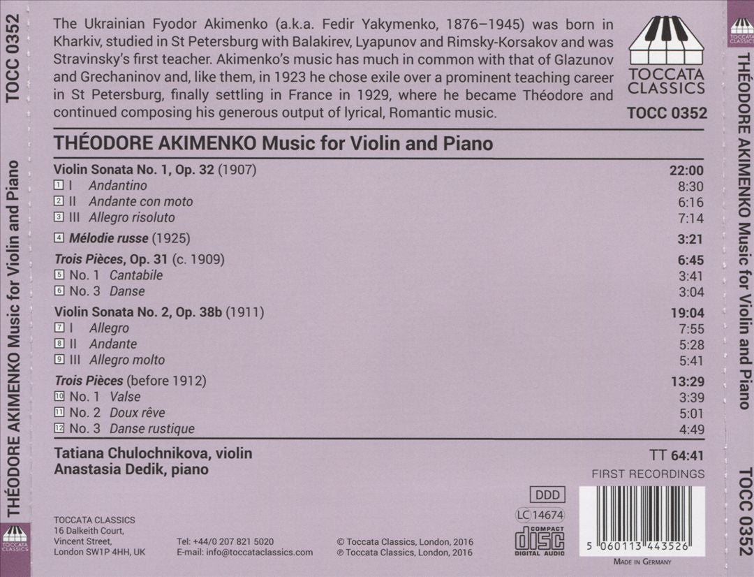 Théodore Akimenko: Music for Violin and Piano cover art
